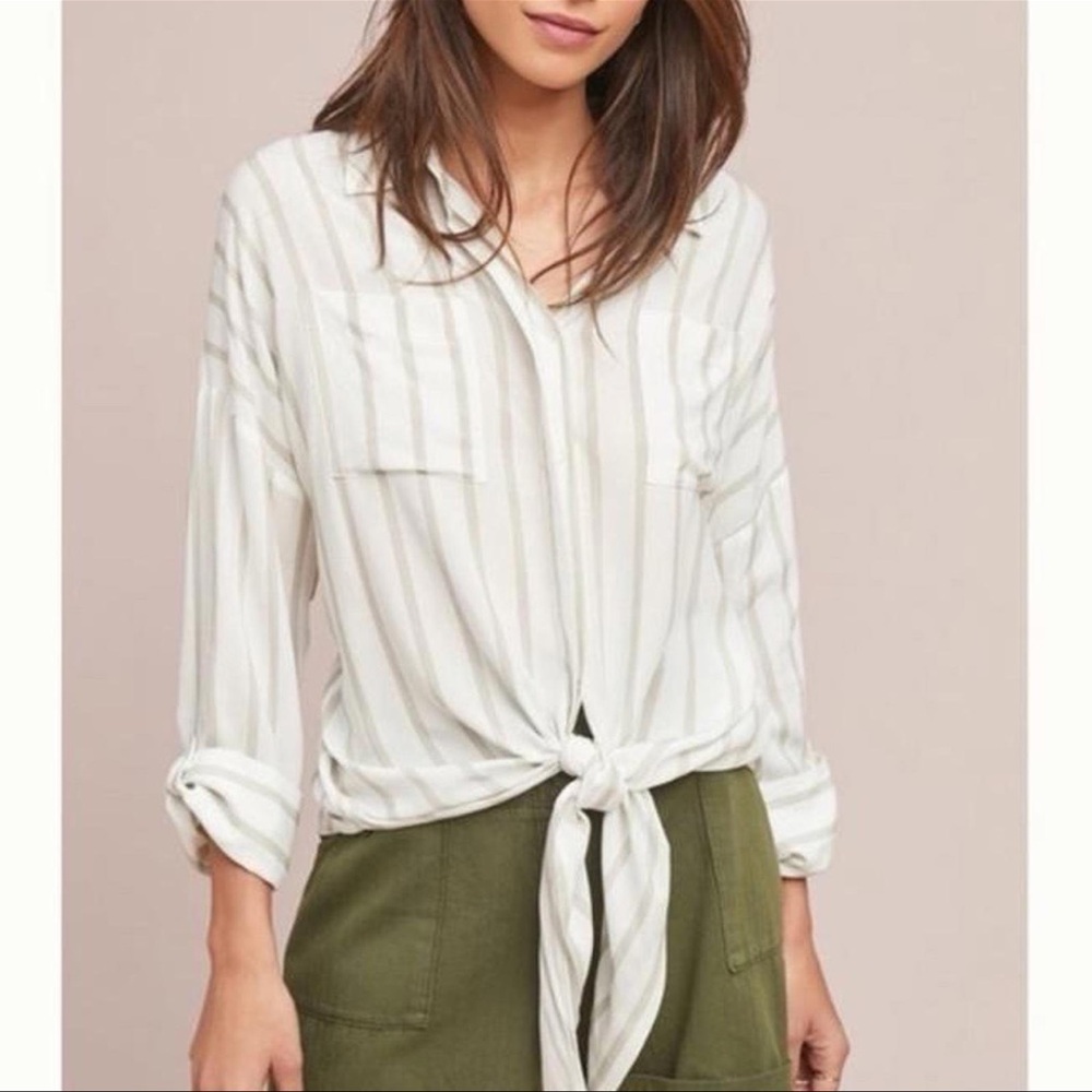Maeve Anthropologie Sandbridge‎ Striped Tie Front Button Down Tunic Blouse Small